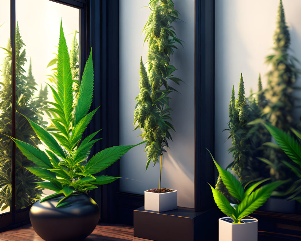 Stylish indoor setup with large cannabis plants in modern pots