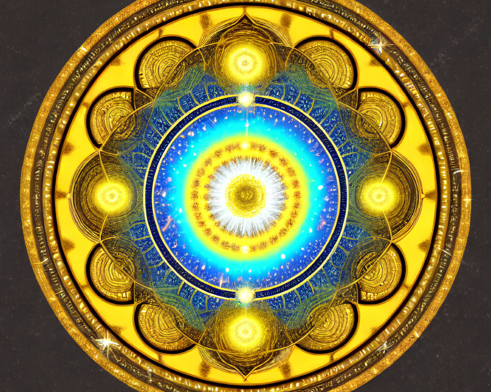 Intricate Golden Mandala with Blue Center on Starry Background