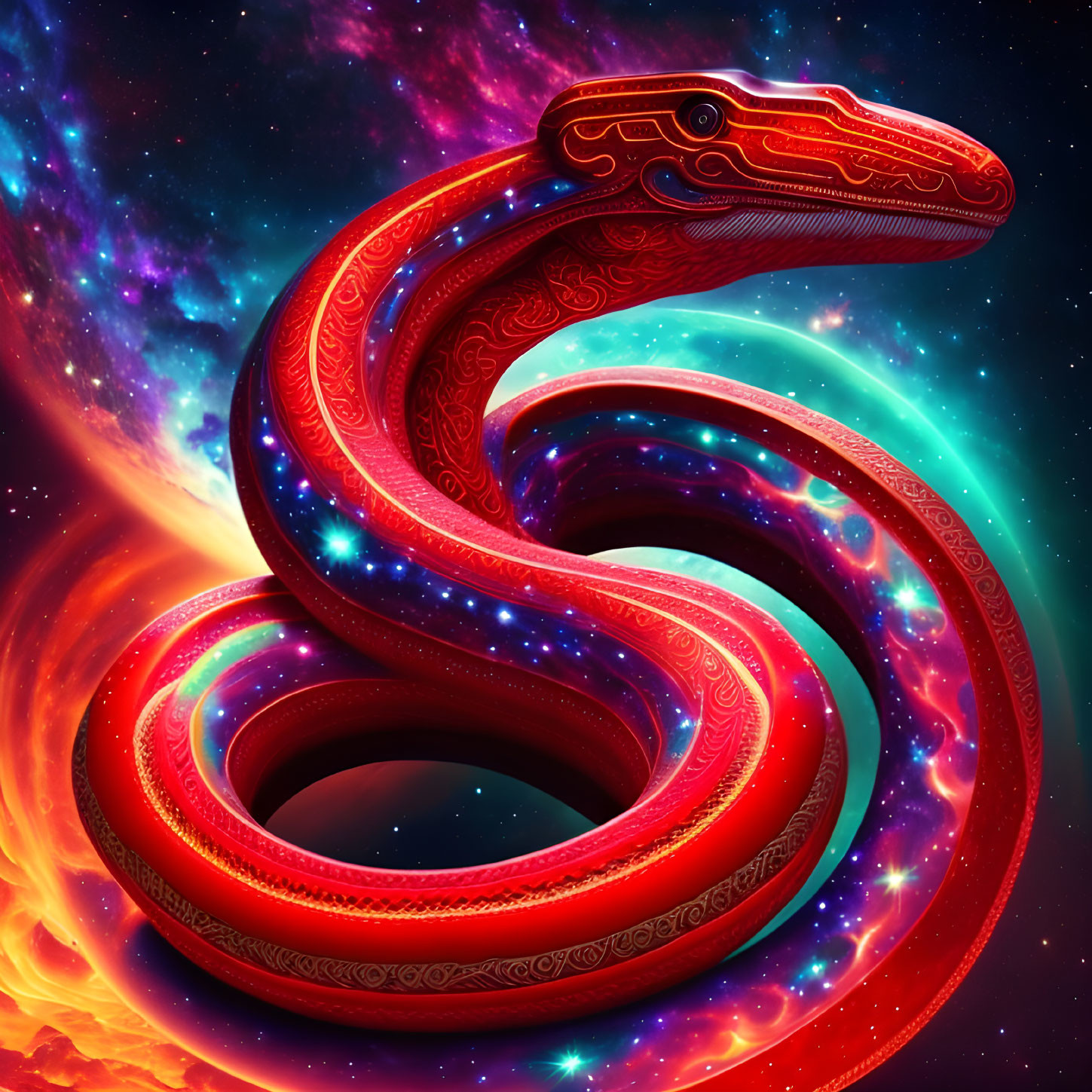 Colorful Serpent-like Creature in Cosmic Space with Stars and Nebulae
