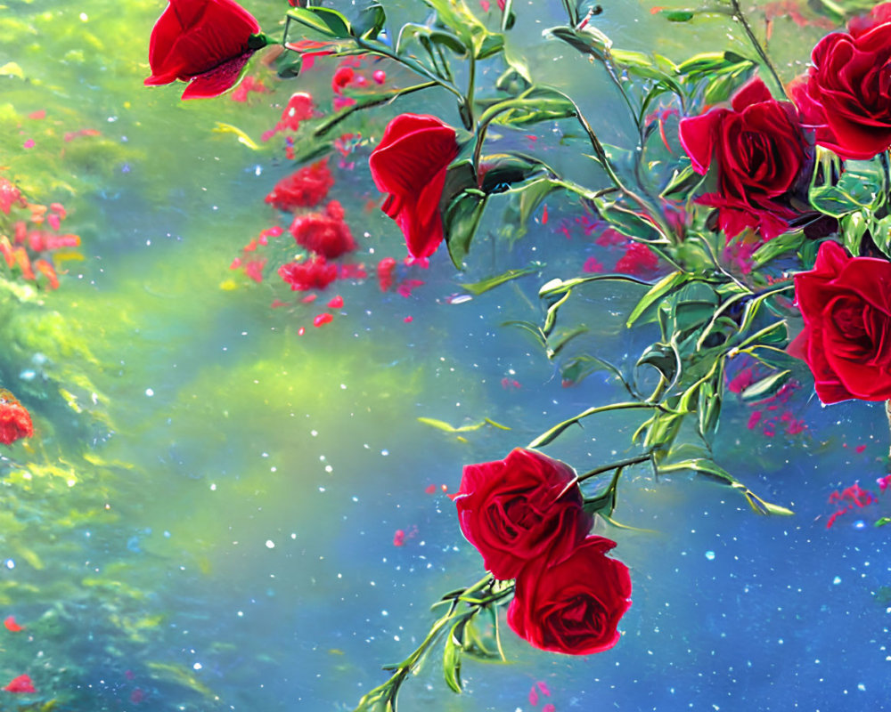 Colorful digital artwork: Red roses, orange fox, mystical forest