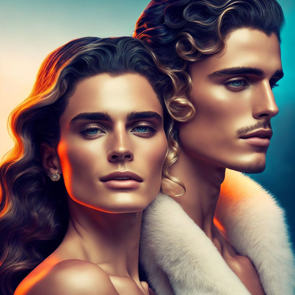 Portrait of Woman and Man with Blue Eyes and Curly Hair in Luxurious Furs