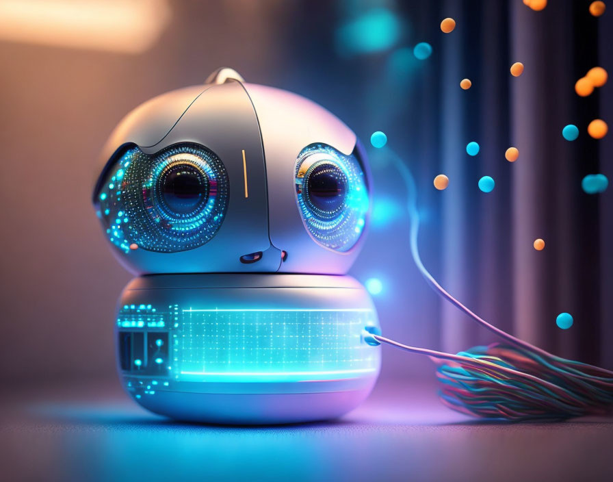 Adorable robotic character surrounded by colorful lights and wires