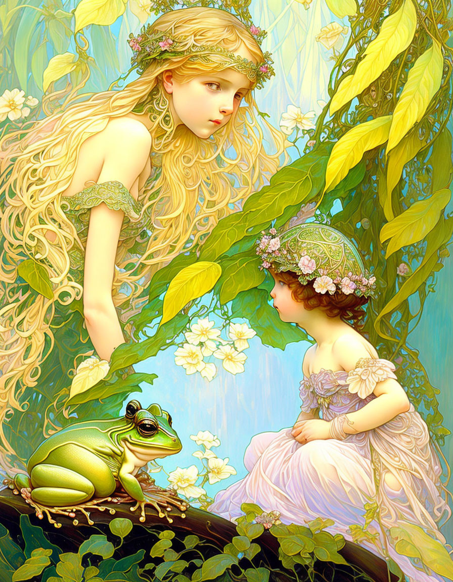 Ethereal illustration of woman, child, frog, and foliage in golden light