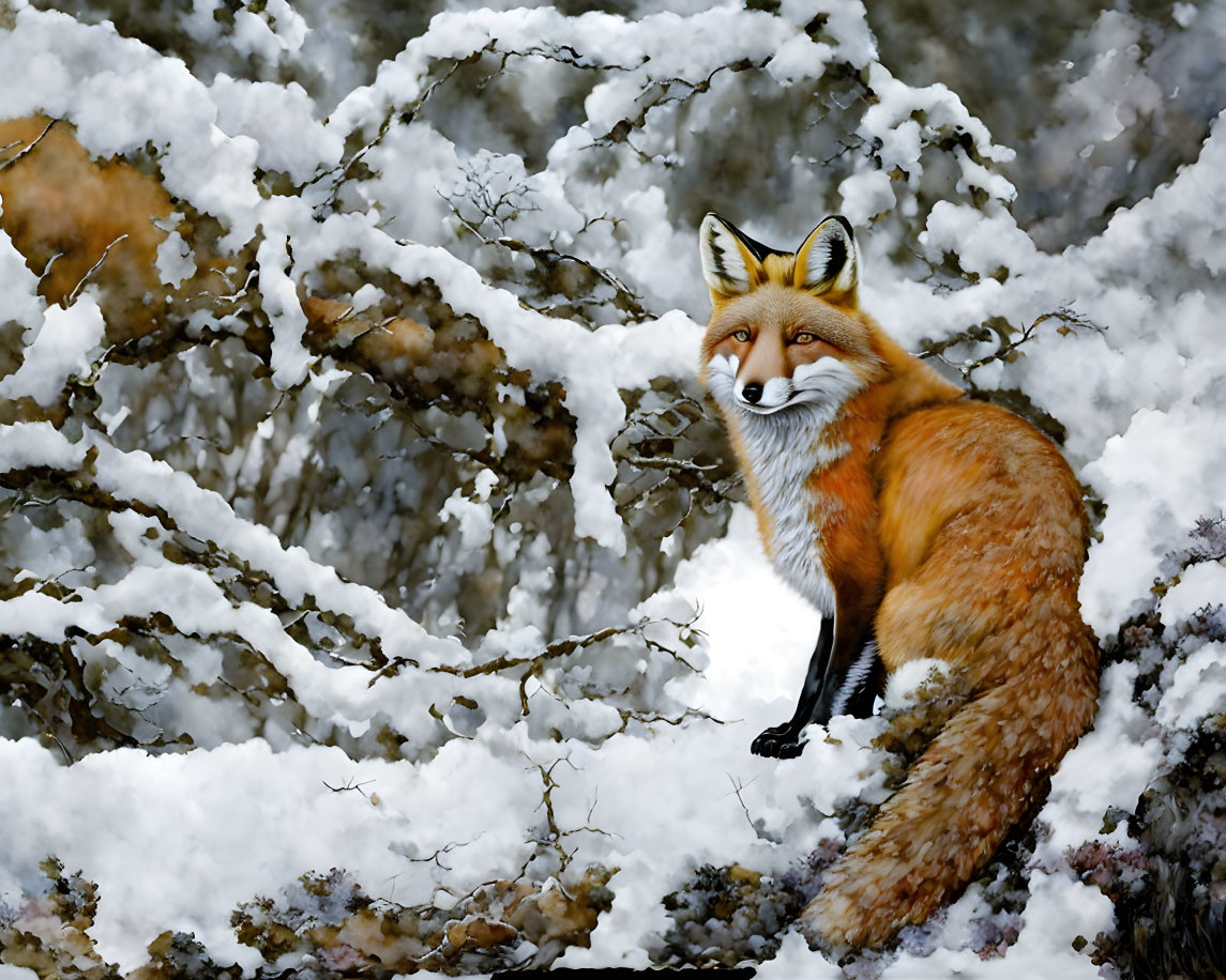 A grey and white snow scene with a fox.