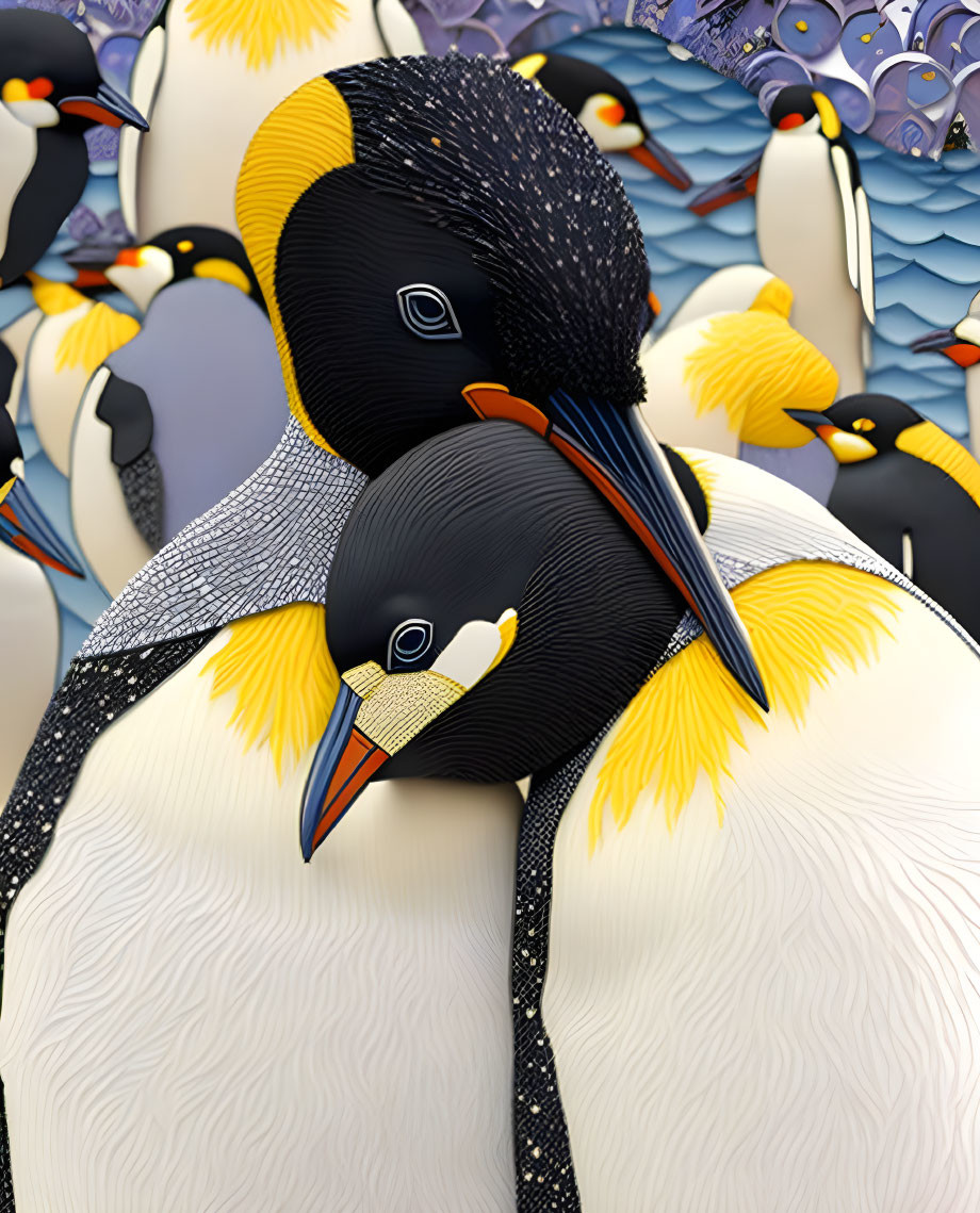 Illustrated Penguins Embracing in Colorful Scene