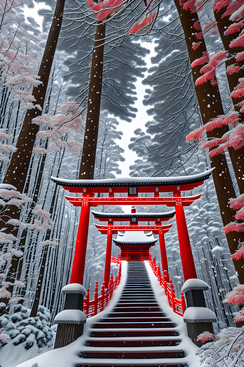 Snow-covered Staircase Entrance with Red Torii Gate and Snowy Pines