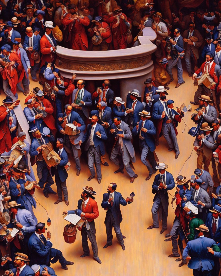 Colorful painting of lively crowd with musical instruments around central structure
