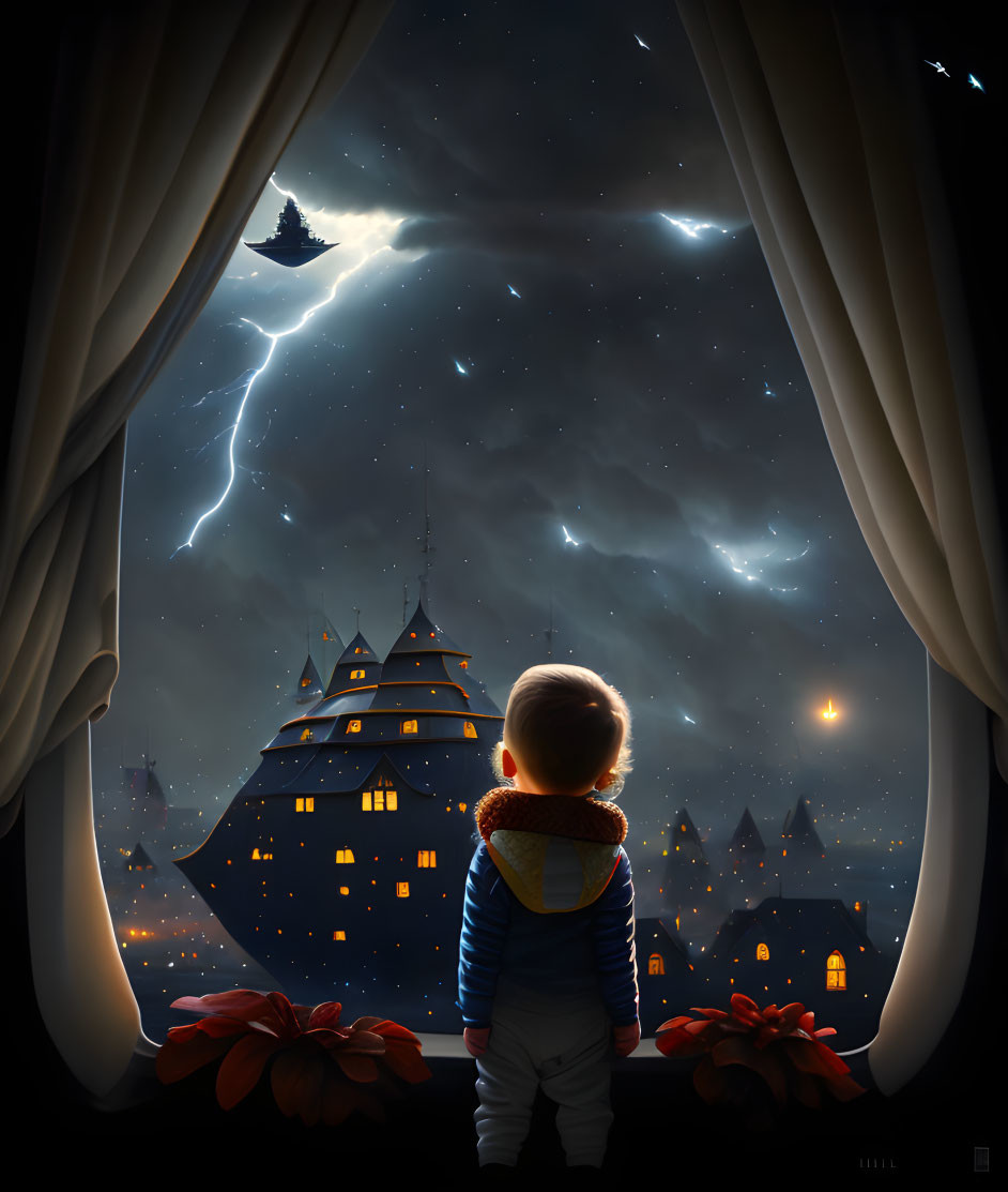Child gazes at castle and ship in stormy night scene