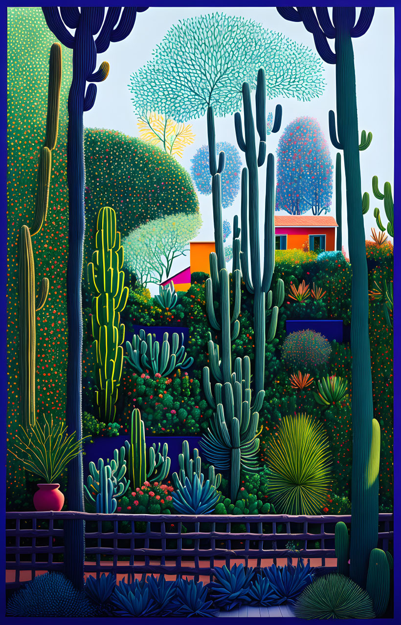 Lush garden illustration with cacti, fence, and small orange house