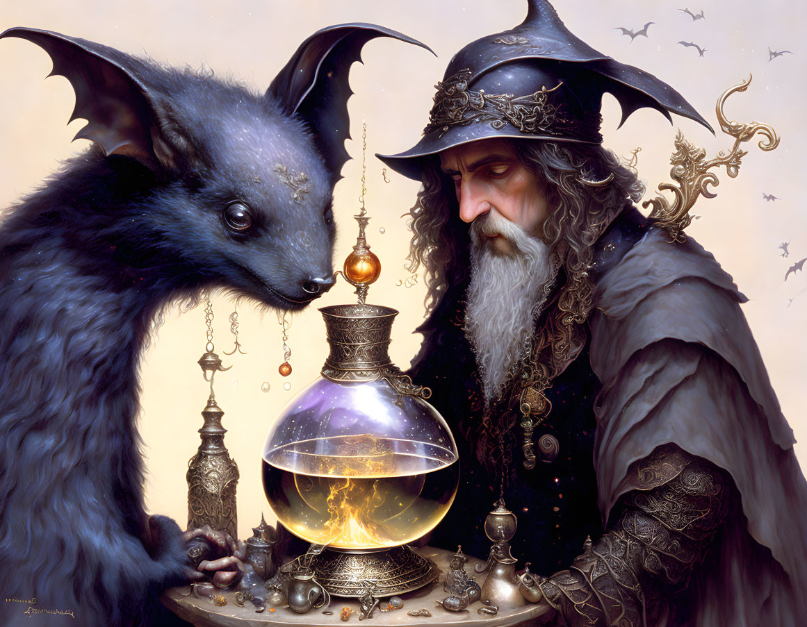 Wizard in Hat with Crystal Ball and Ornate Bat in Gold Ornaments