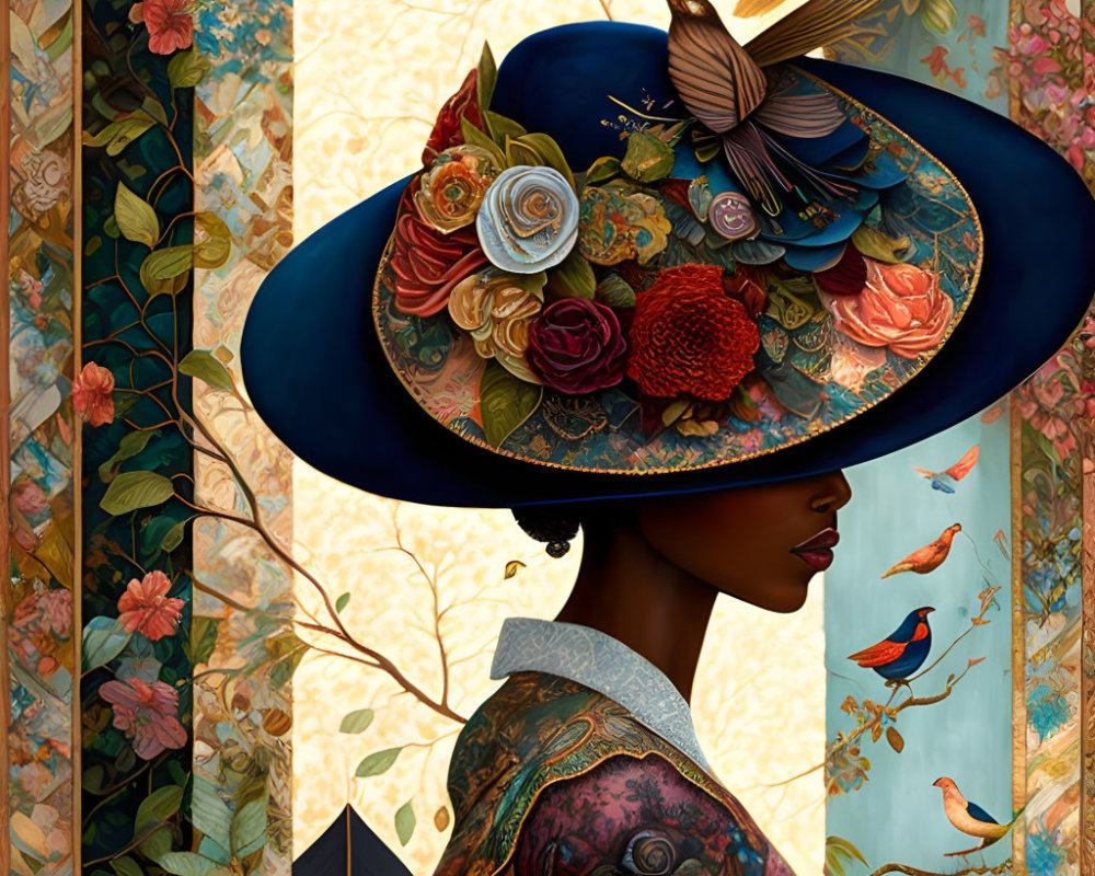 Profile of a woman in wide-brimmed hat with flowers and bird, set against floral backdrop.