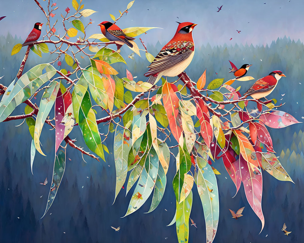 Colorful Birds Perched on Branch in Forest Scene