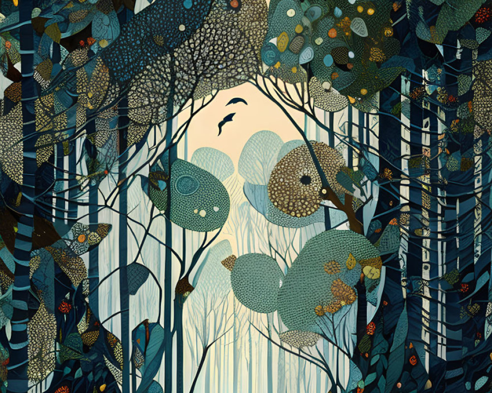 Detailed Forest Scene with Stylized Trees, Foxes, and Birds