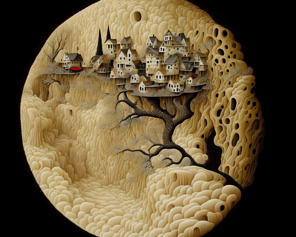 Whimsical spherical artwork with intricate tree village on black background