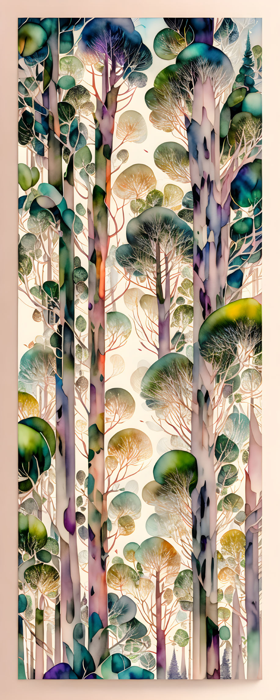 Forest with Tall, Slender Trees and Colorful Canopy