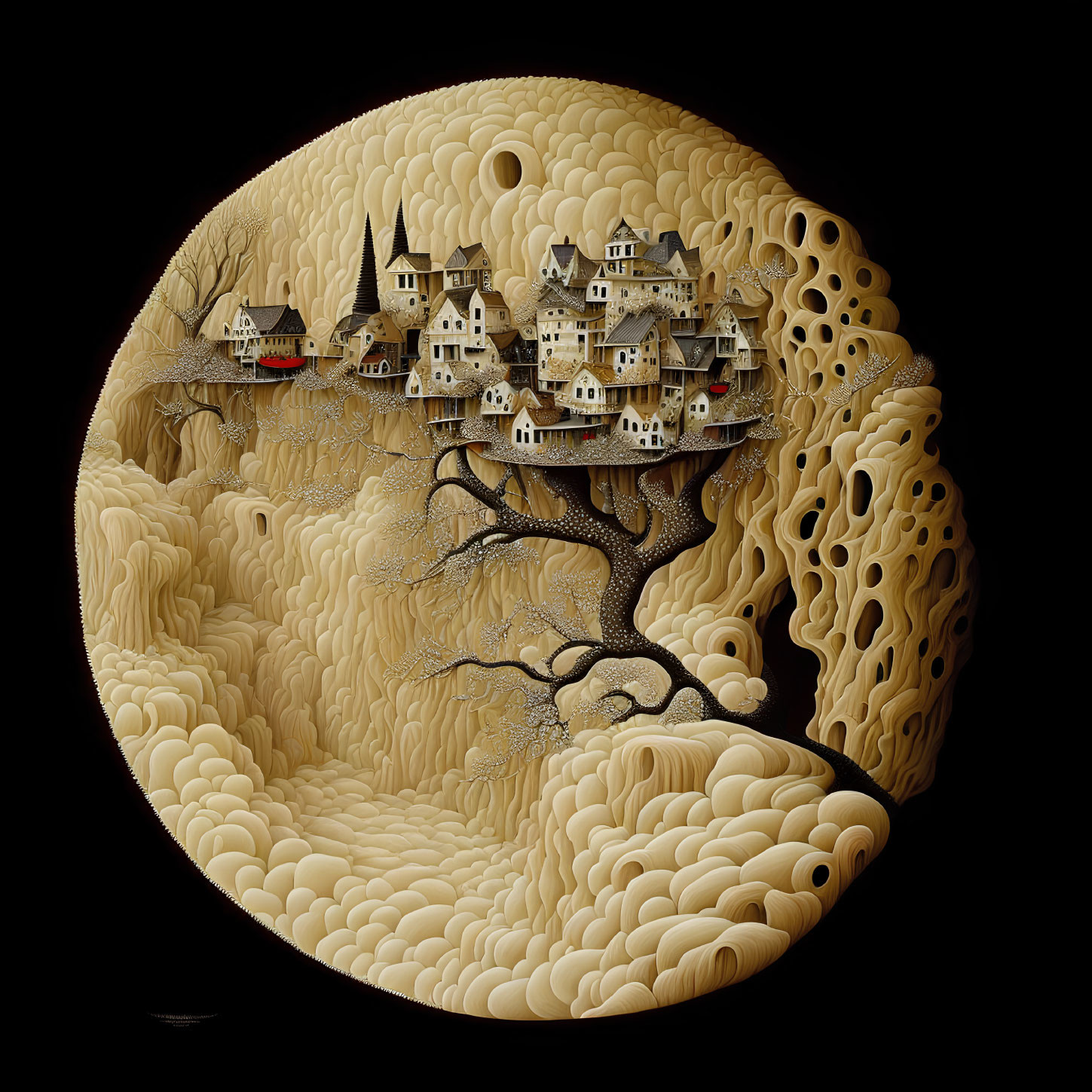 Whimsical spherical artwork with intricate tree village on black background