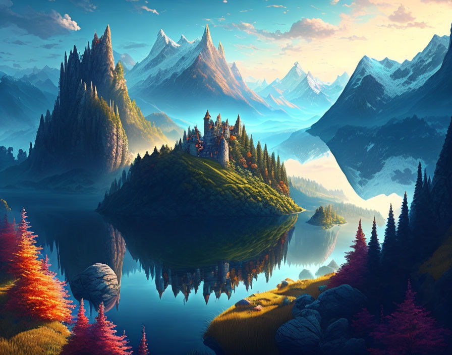 Fantasy landscape with vibrant castle, lake, colorful trees, mountains