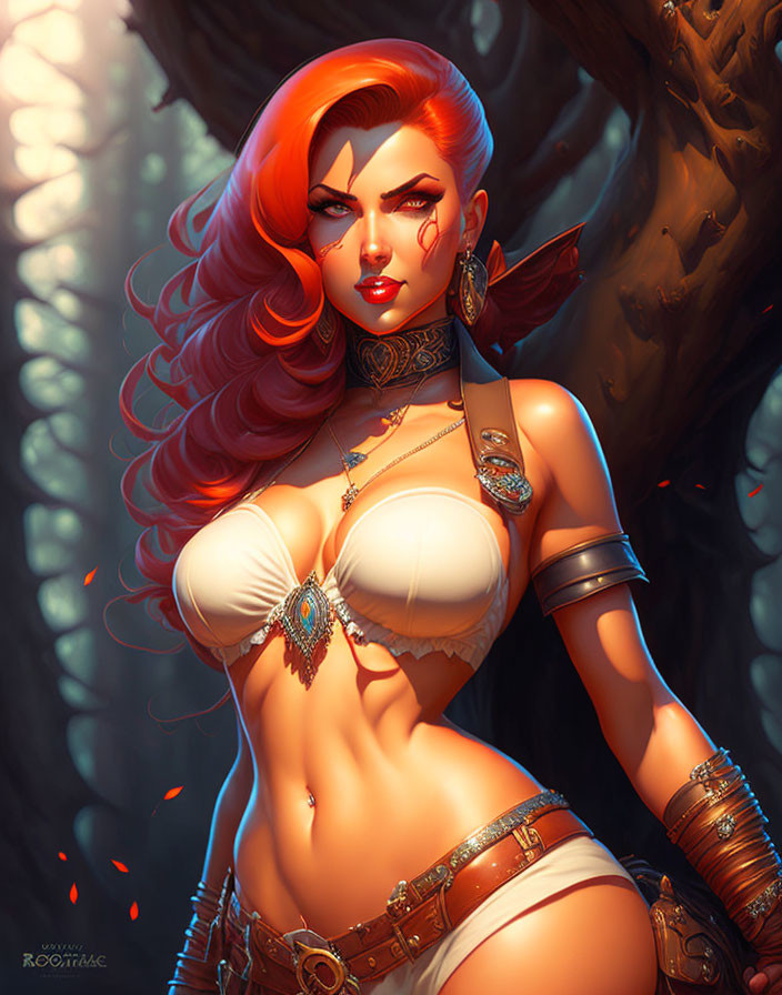 Fantasy illustration of female character with fiery red hair in mystical forest