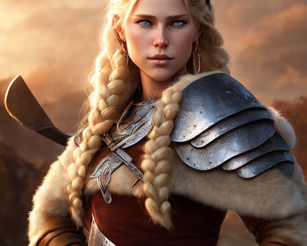 Blonde-haired female warrior in ornate armor against dusky sky