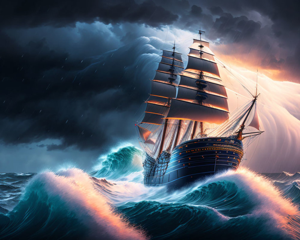 Majestic sailing ship in stormy seas at sunset