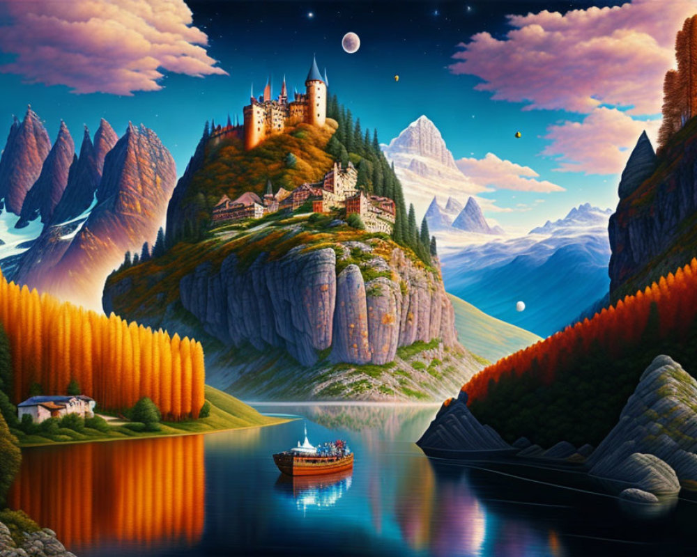 Majestic castle on cliff overlooking reflective lake & mountains at dusk