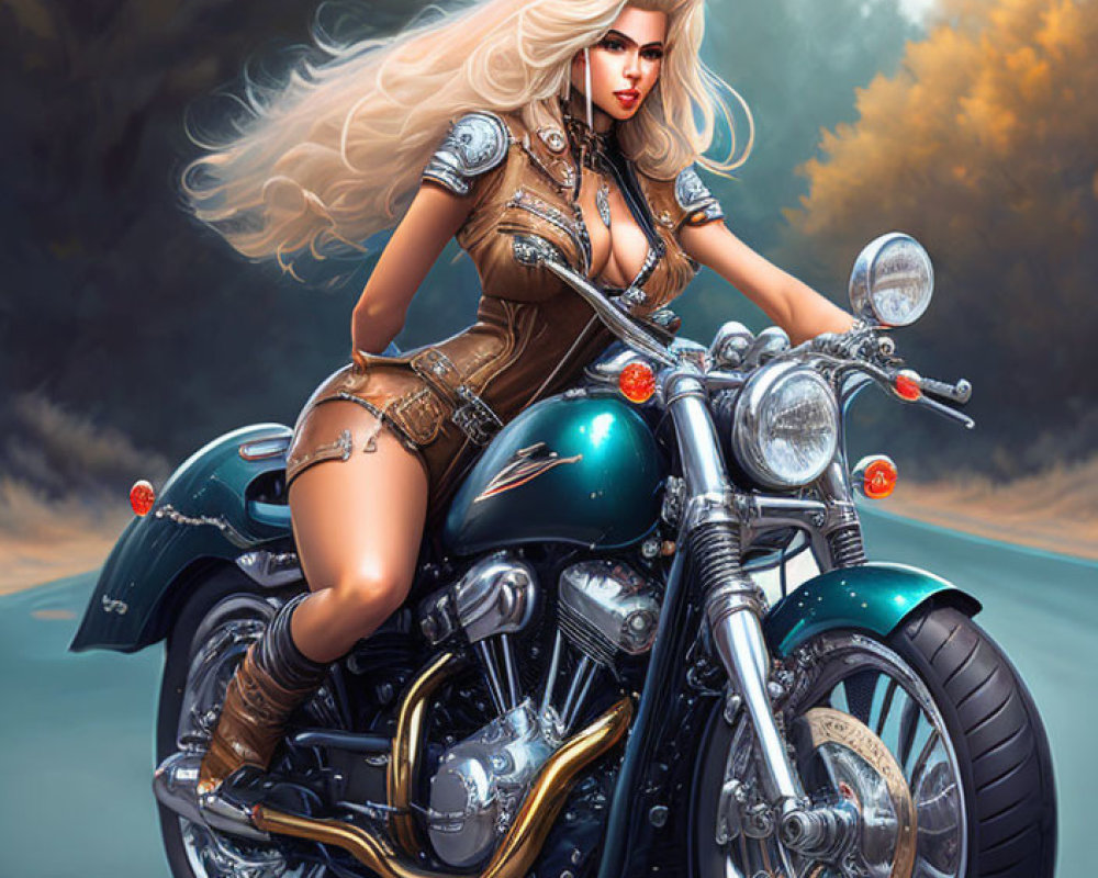 Blonde Woman on Classic Motorcycle in Forest Setting