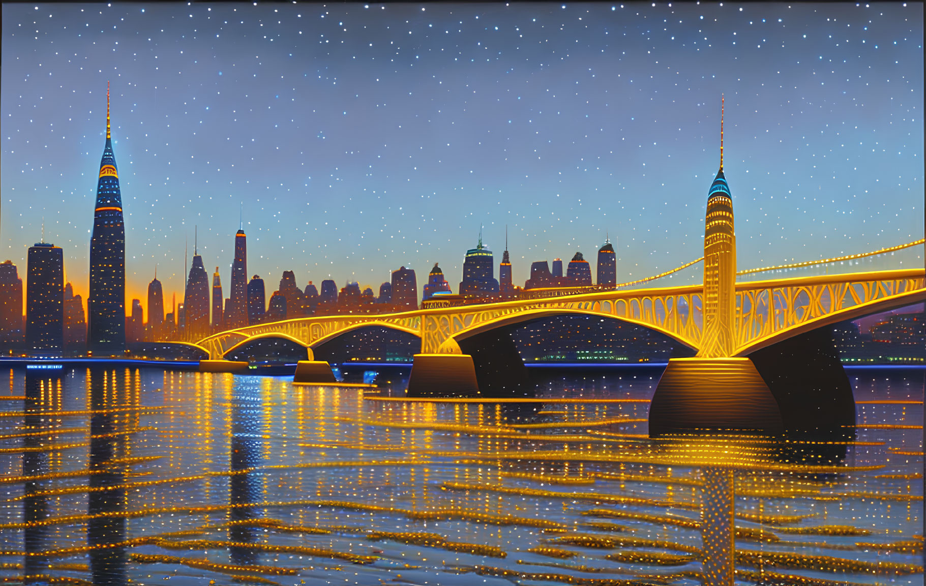 Night cityscape with illuminated bridge and skyline reflected in water