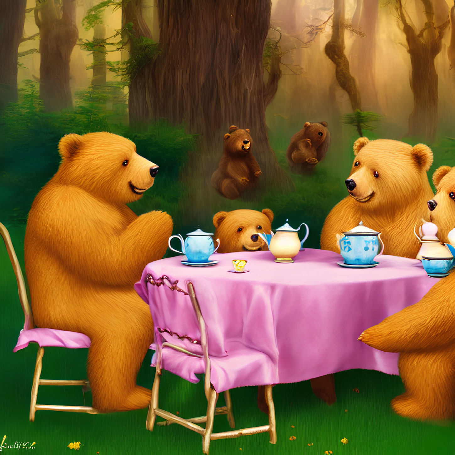 Whimsical forest tea party with animated bears