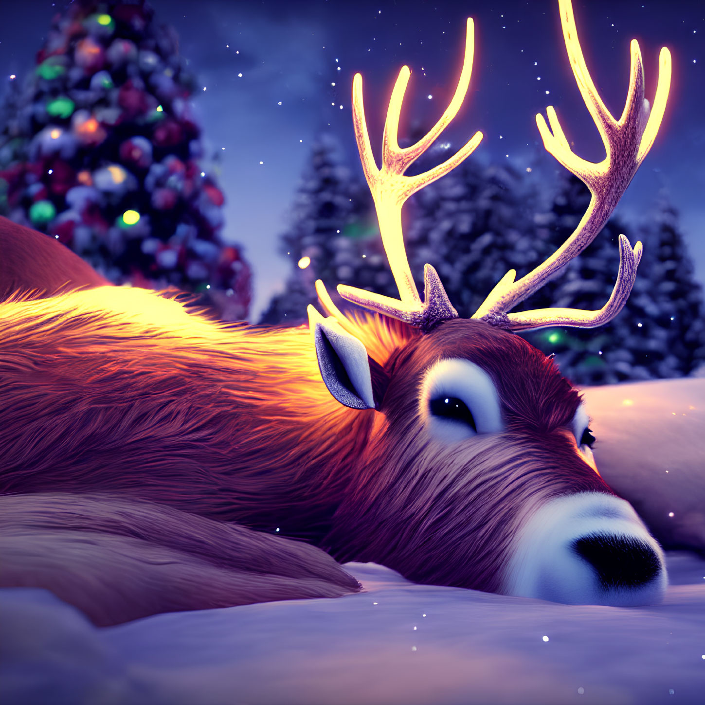 Digital illustration: Reindeer with glowing antlers in snowy Christmas scene