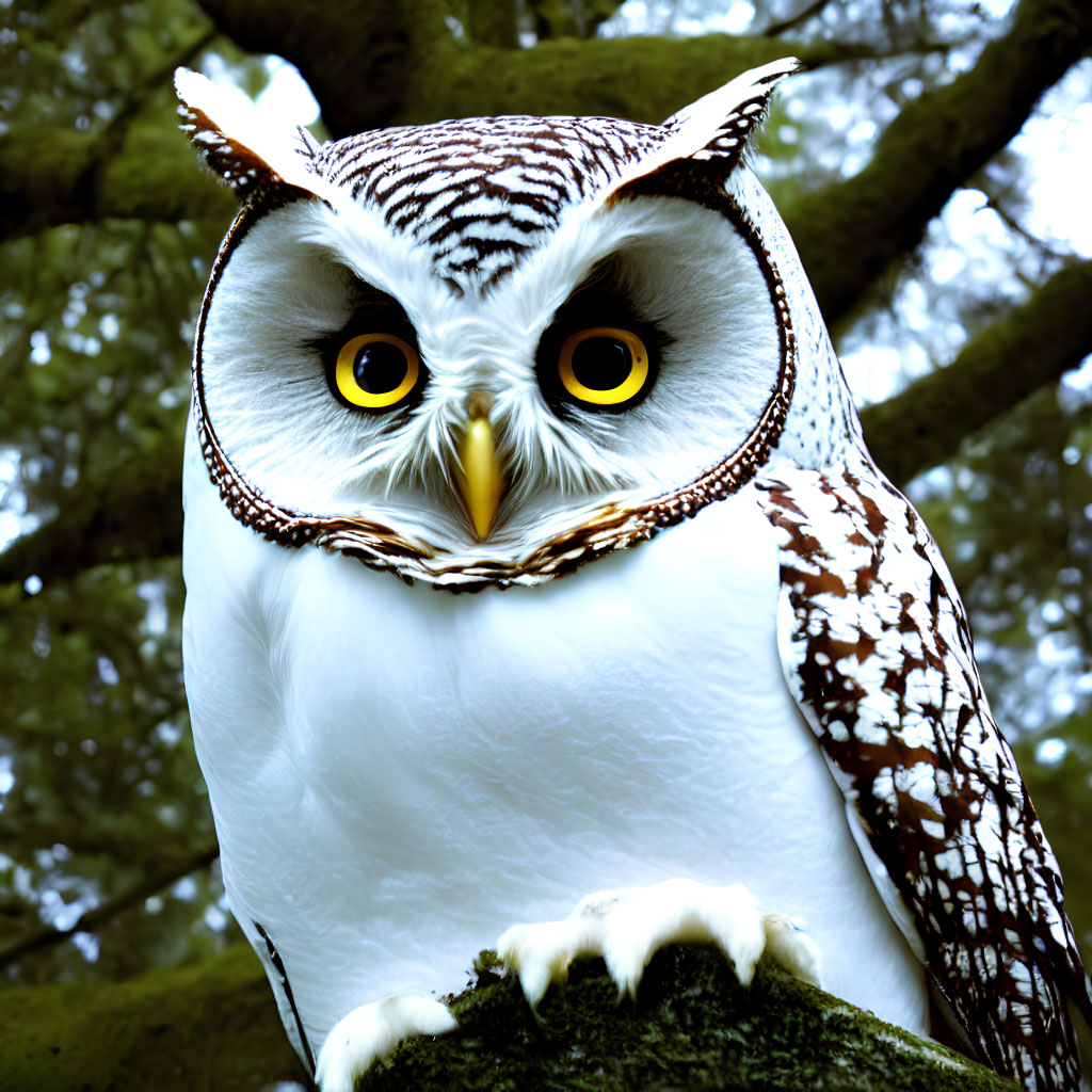White and Brown Owl with Yellow Eyes Perched on Branch in Green Foliage