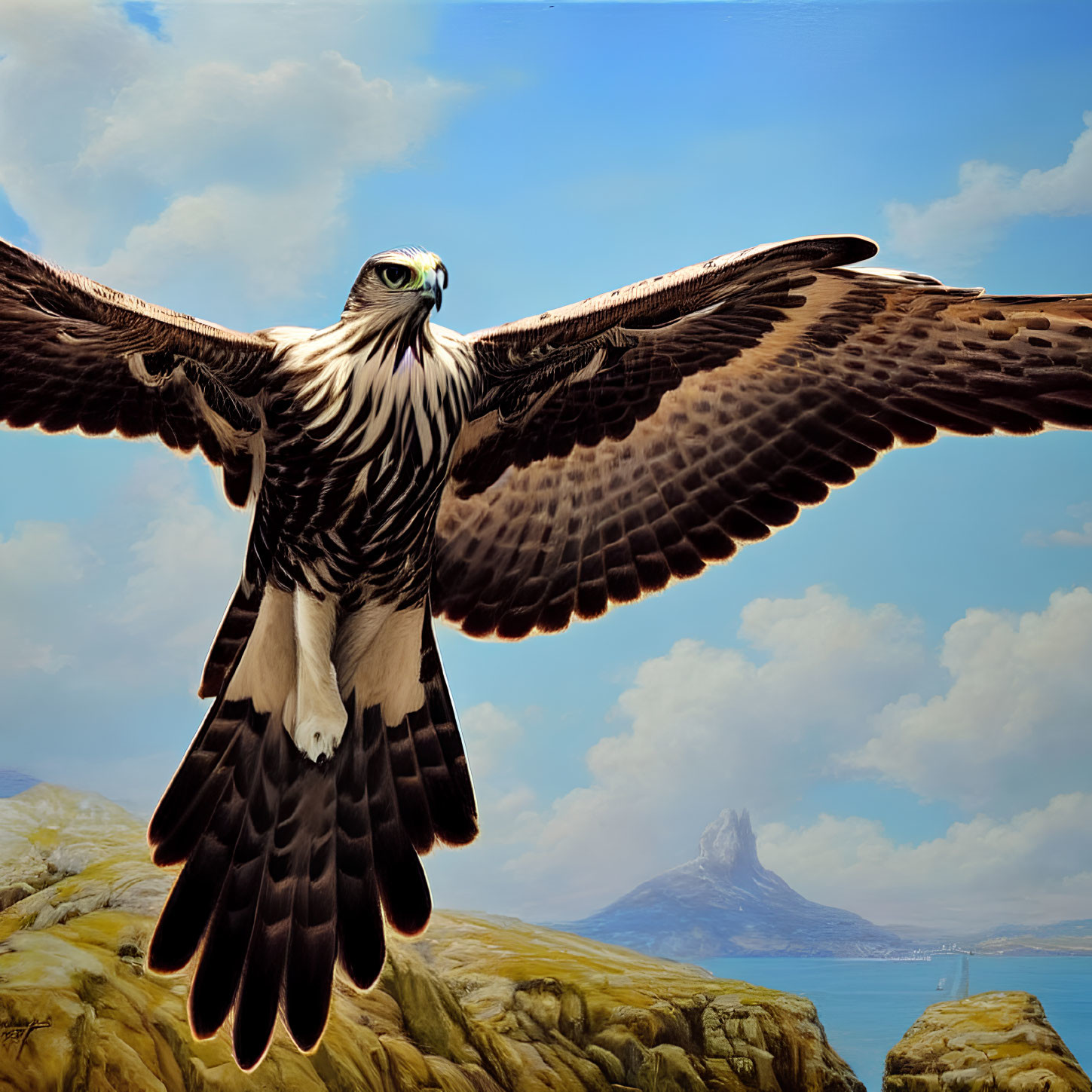 Osprey soaring over rocky coastal terrain under blue sky