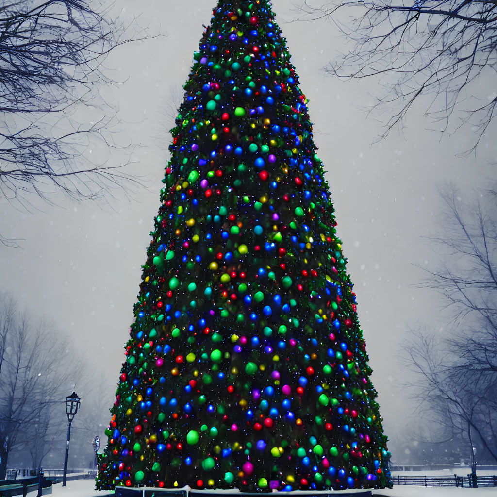 Vibrant Christmas tree with colorful lights in snowy scene