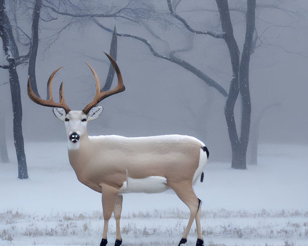 White-Tailed Deer in Snowy Landscape with Bare Trees and Dense Fog