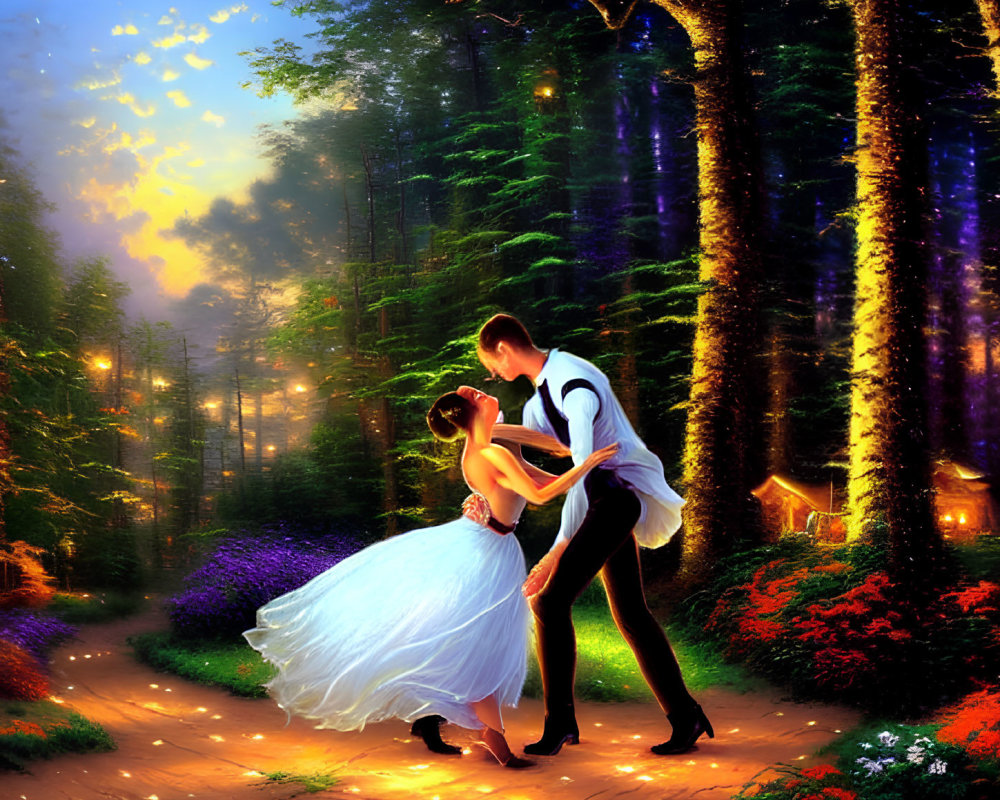 Formal attire couple dancing in mystical forest with colorful flora
