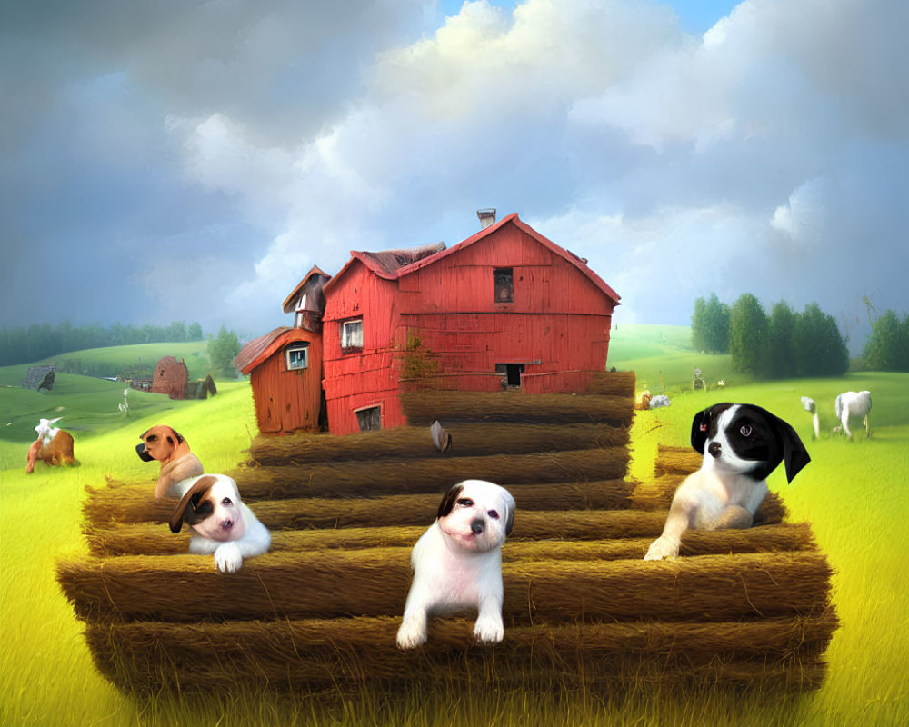 Whimsical countryside scene with red barn and playful puppies in hay bales