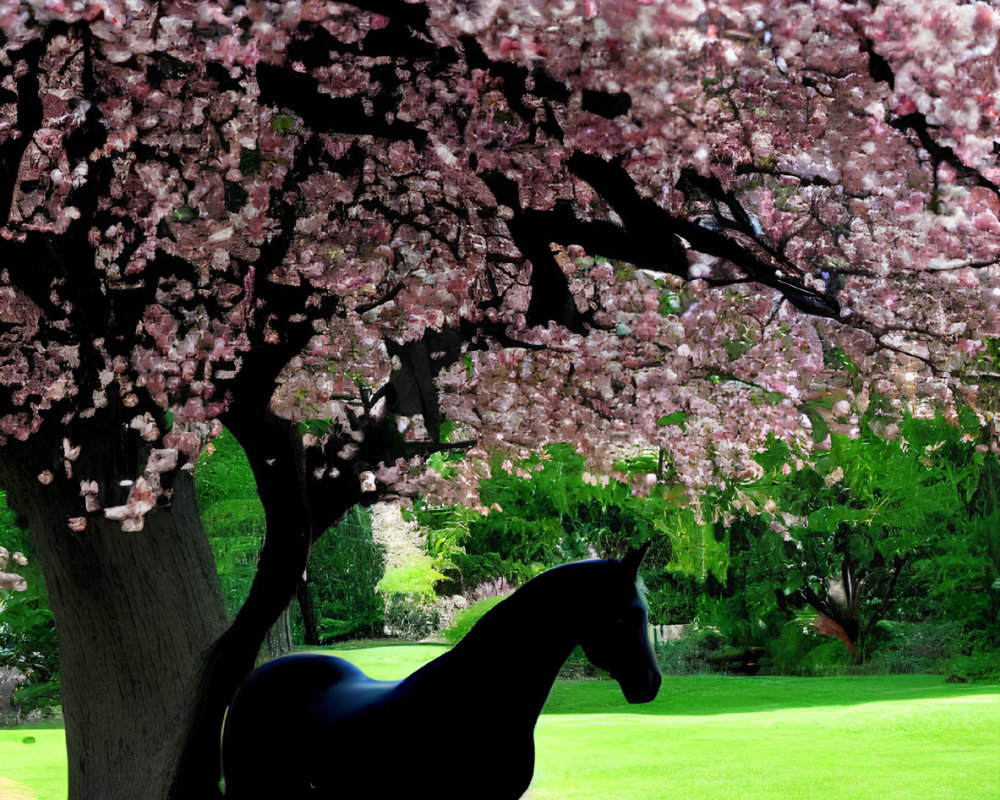 Black Horse Beneath Blooming Cherry Blossom Tree in Green Field