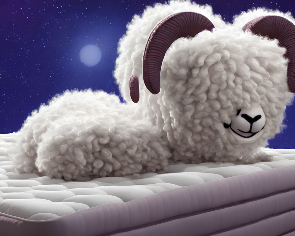 Fluffy white sheep with horns on mattress under starry sky