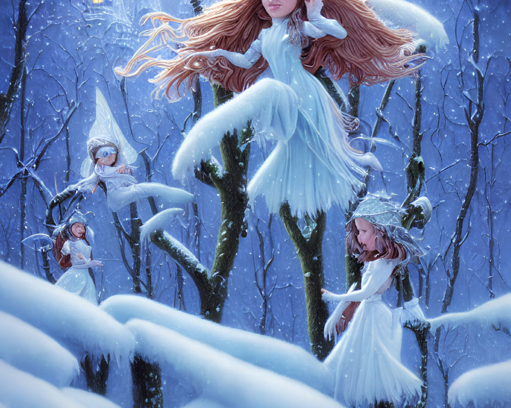 Ethereal women among snow-covered trees with giant face in twilight sky