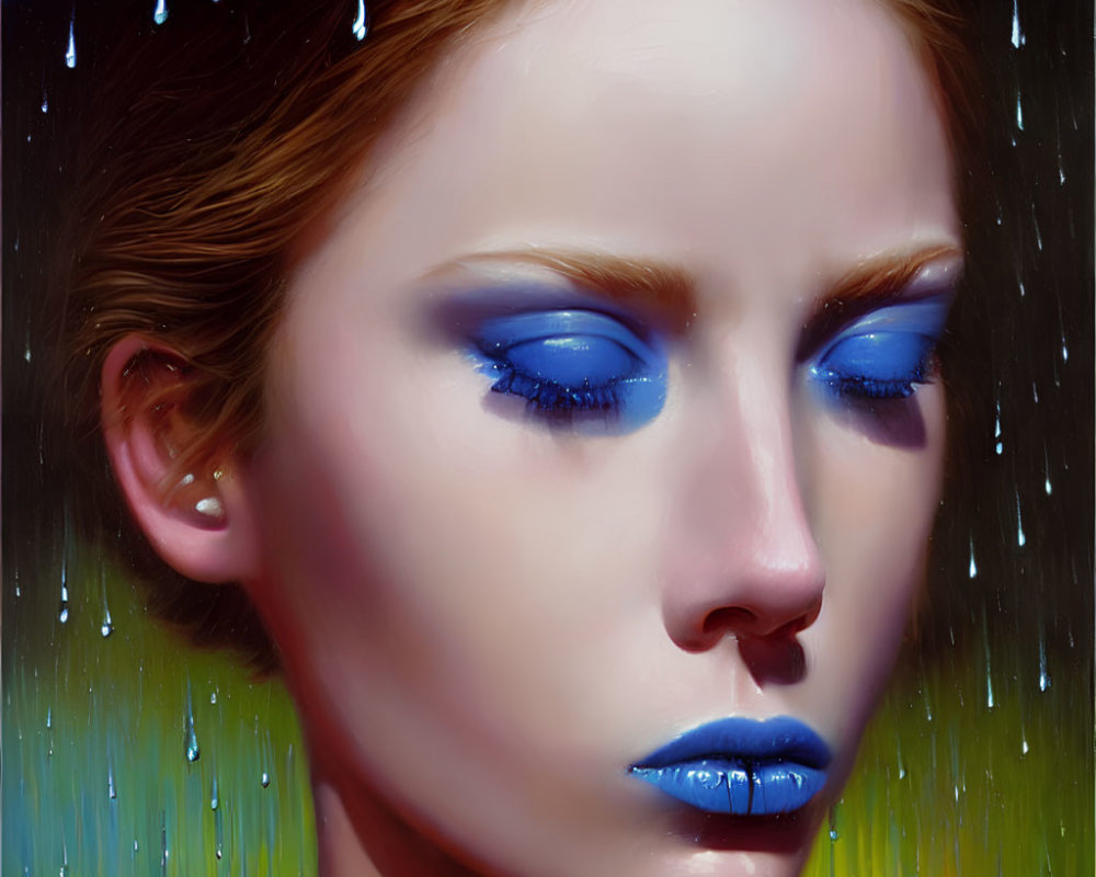 Woman with Blue Eyeshadow and Lipstick in Rainy Painted Scene