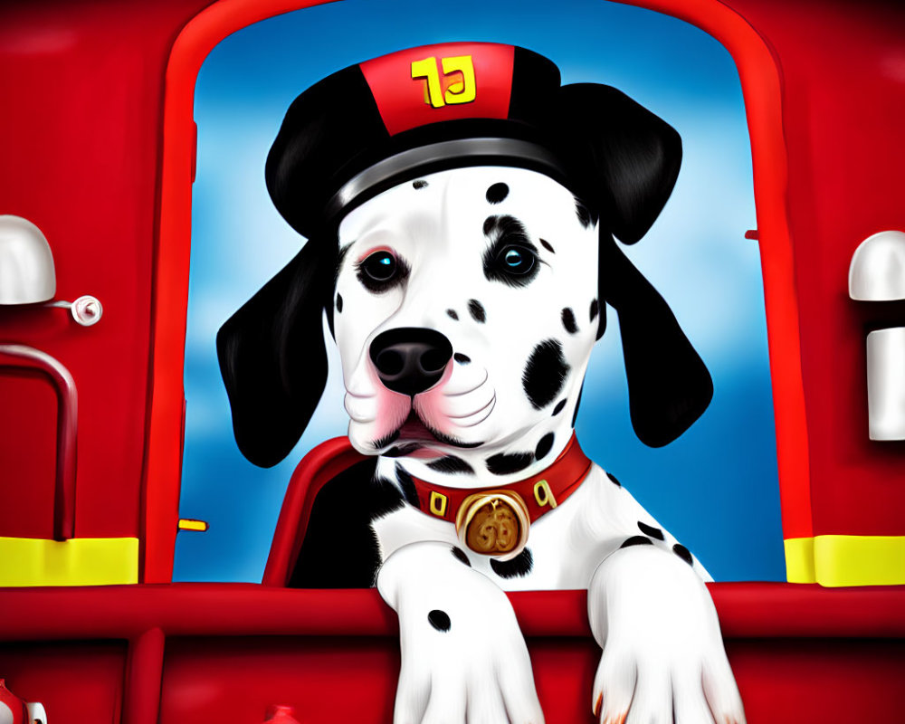 Cartoon Dalmatian Puppy in Firefighter Hat on Red Fire Truck
