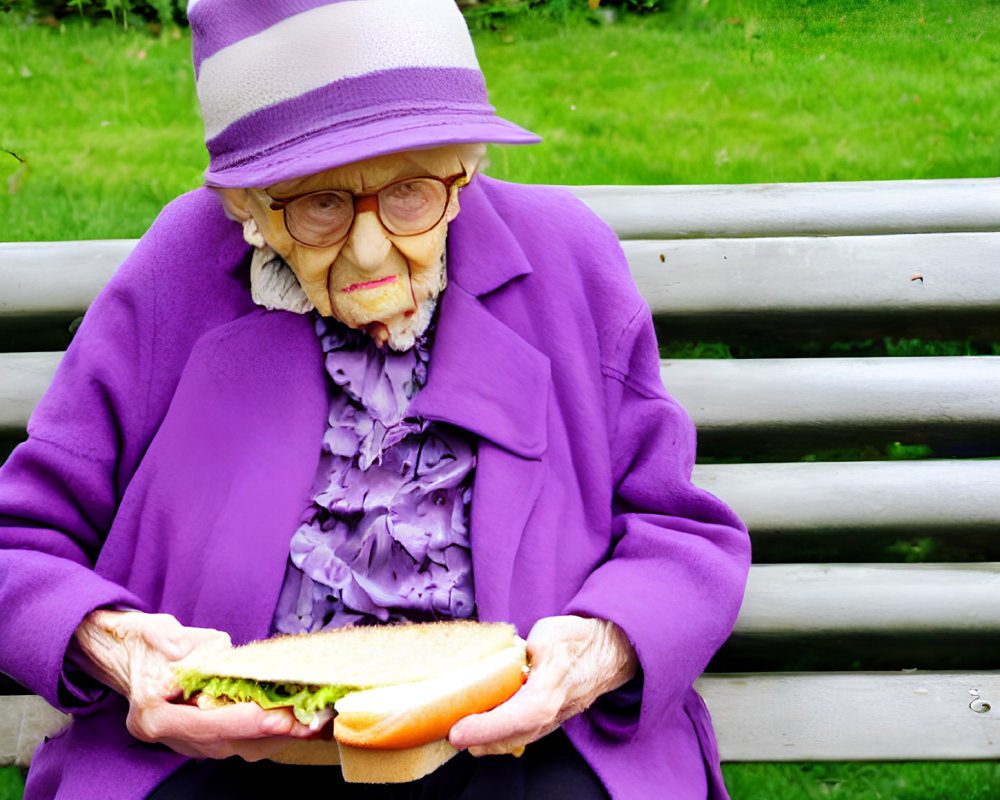 Elderly person in purple outfit with sandwich on bench, greenery background