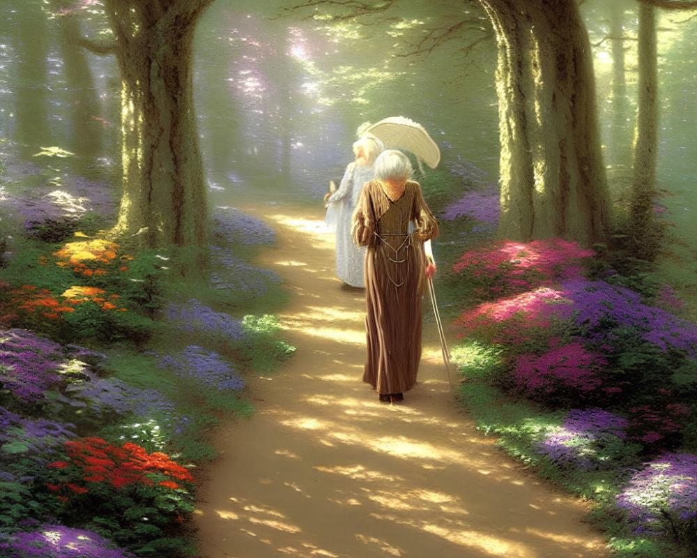 Ethereal figures in sunlit forest path