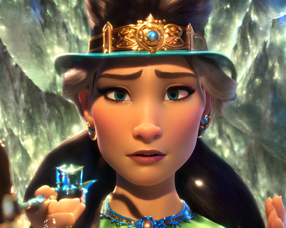 Animated female character with crown in crystal cave holding glowing blue object