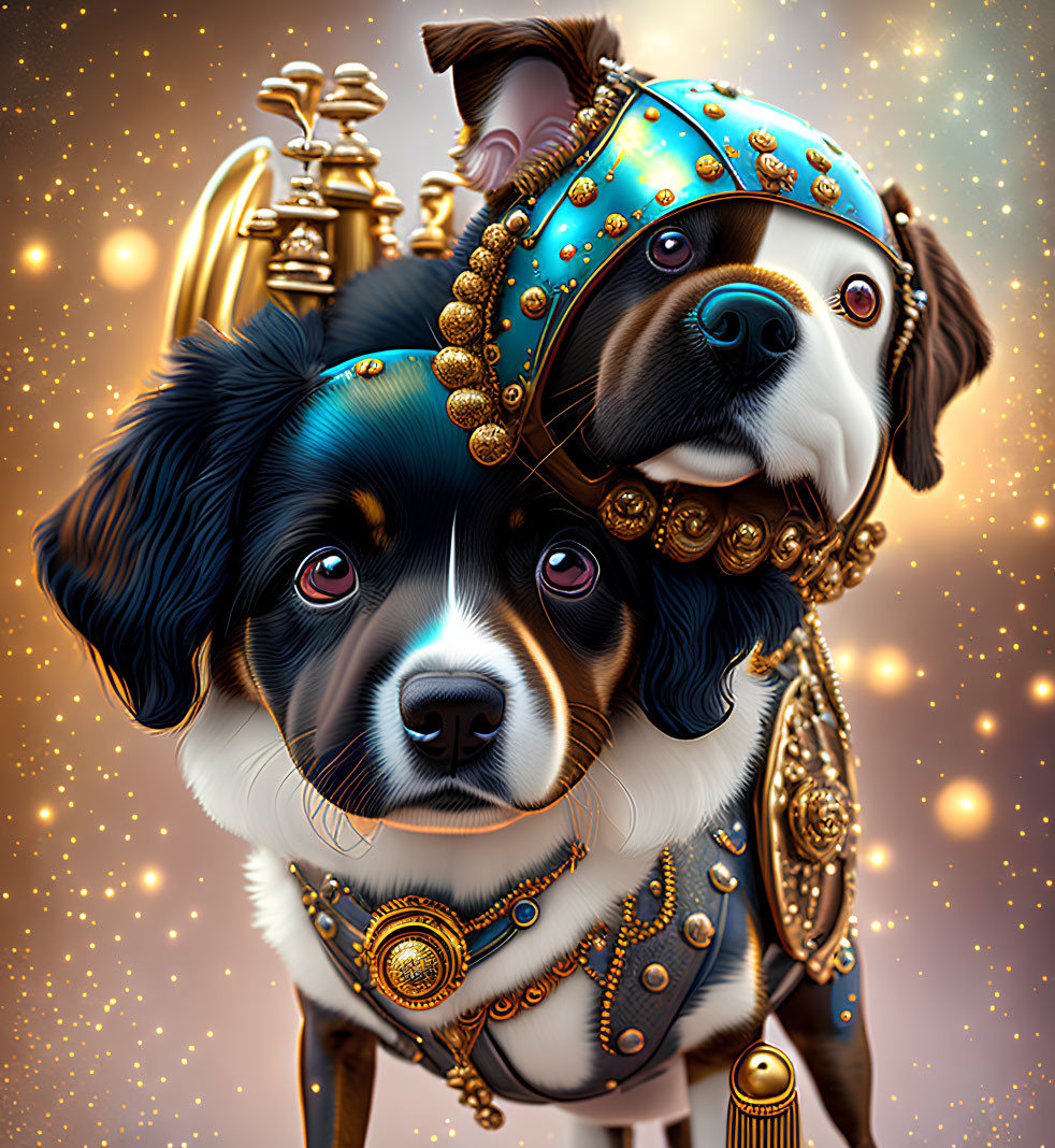 Regally Adorned Dogs in Blue Headdresses and Jewelry