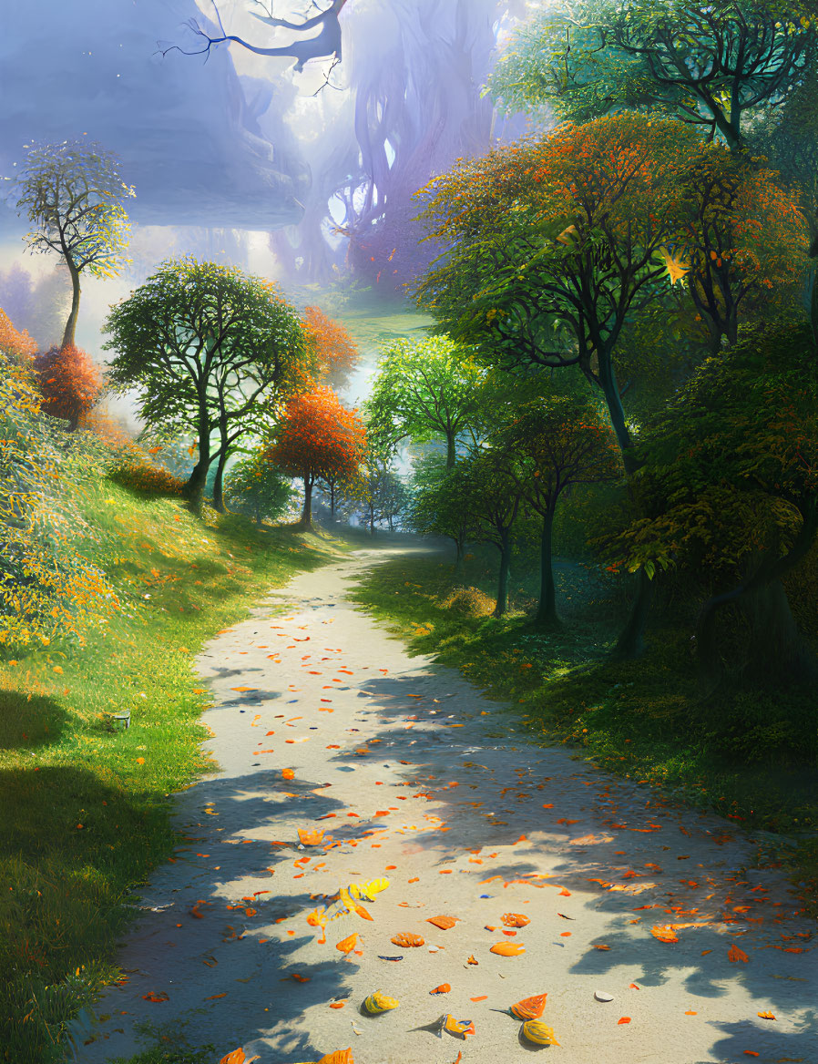 Tranquil Autumn Path with Fallen Leaves and Misty Trees
