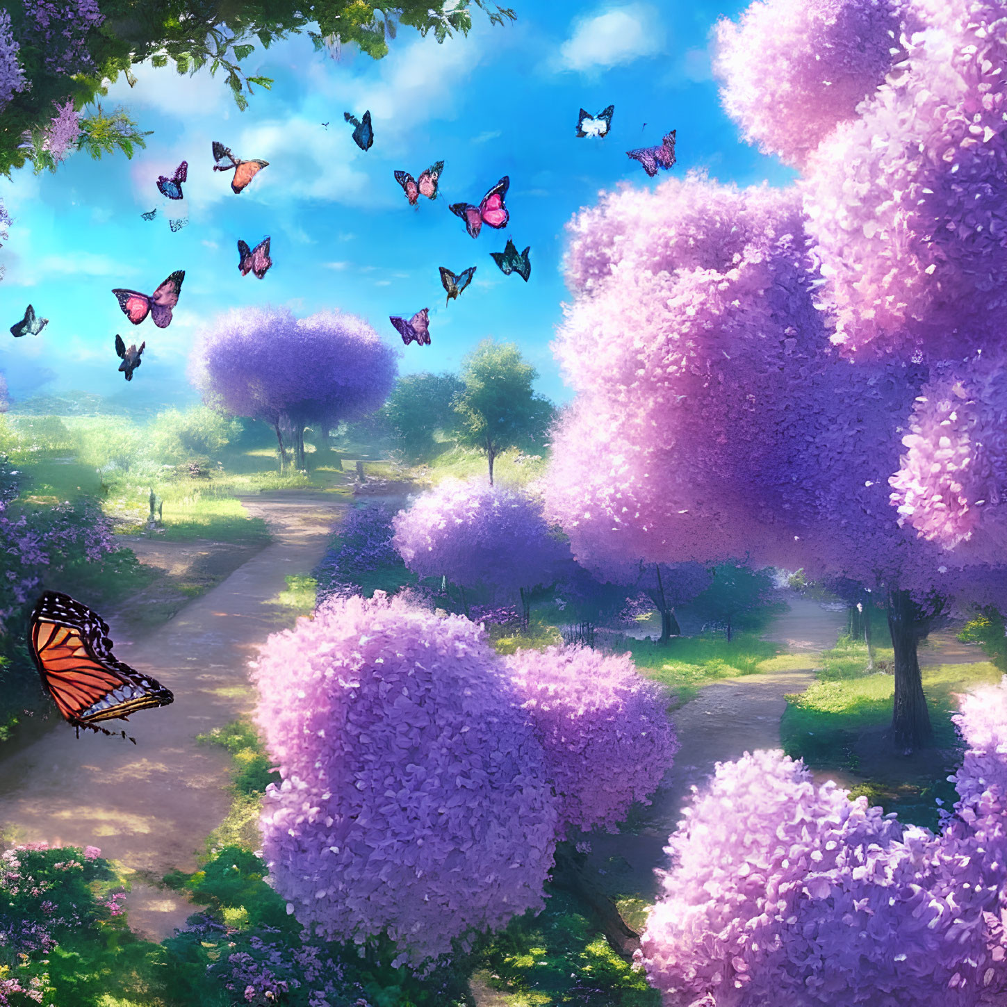 Lush Garden Path with Purple Blooming Trees and Butterflies