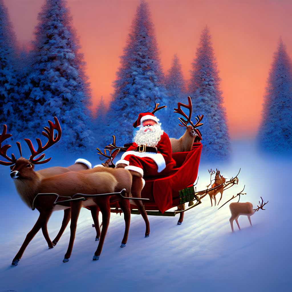 Santa Claus riding sleigh pulled by reindeer in snowy forest at dusk.
