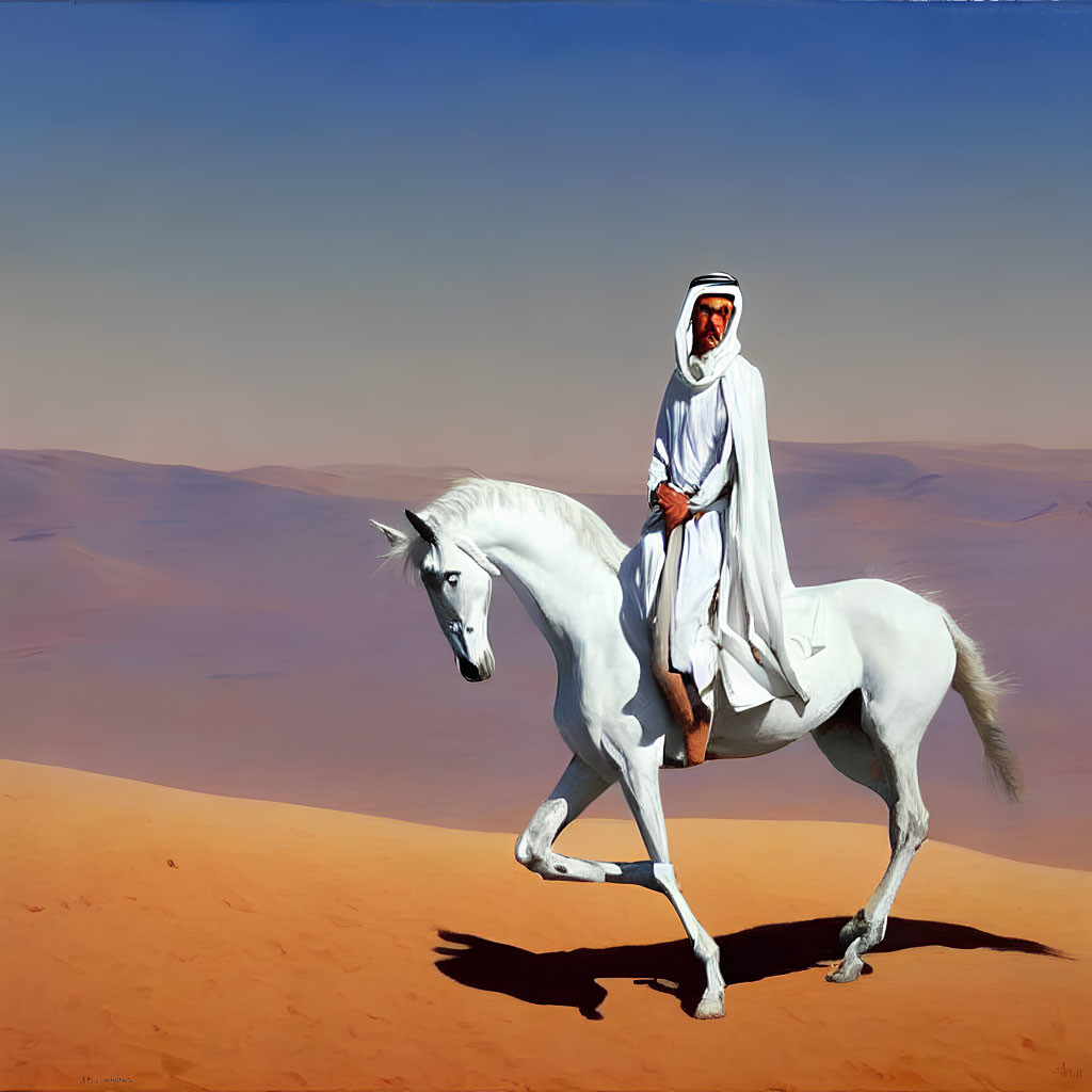 Man in white robes on white horse in desert landscape under blue sky