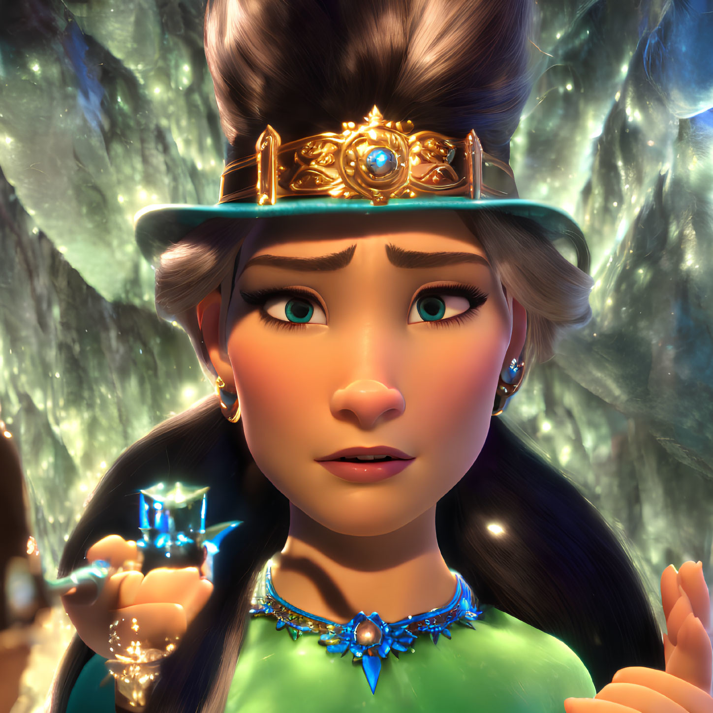 Animated female character with crown in crystal cave holding glowing blue object