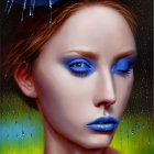 Woman with Blue Eyeshadow and Lipstick in Rainy Painted Scene